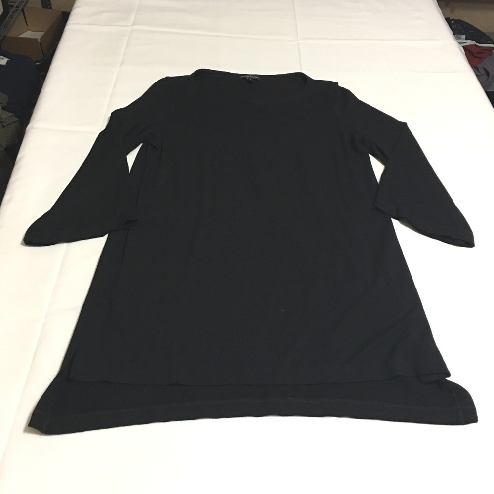 Eileen Fisher Tunic Top Women XS Black Bell Sleeve Side Slit